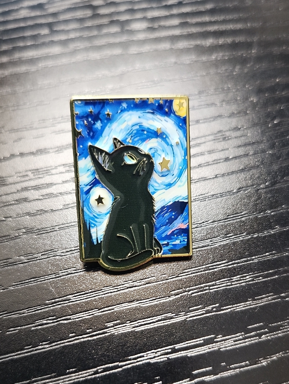 Starry Night Black Cat Enamel Brooch - Blue